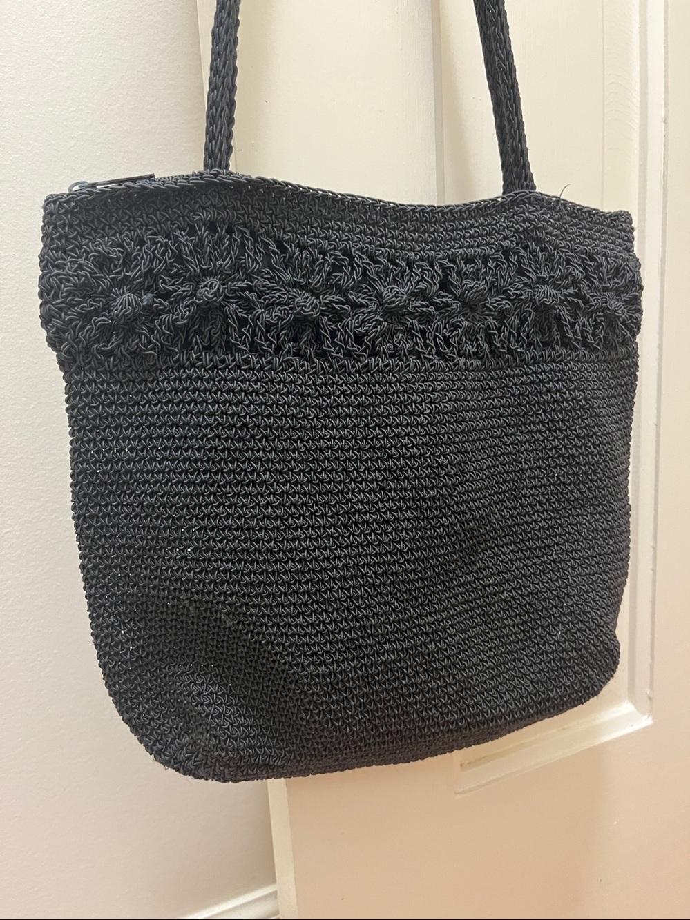 Knit black cotton crochet bag lined 2 handles 10x10" purse excellent condition